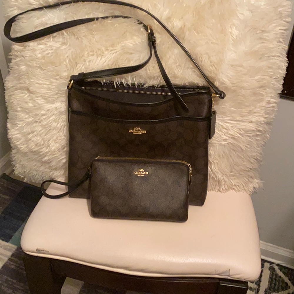 Coach bag with wallet,brown and black color